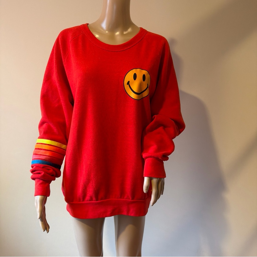Aviator Nation Smiley Face Sweatshirt with Rainbow Sleeve Size M